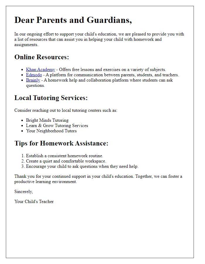 Letter template of resources for parents to support homework and assignments.