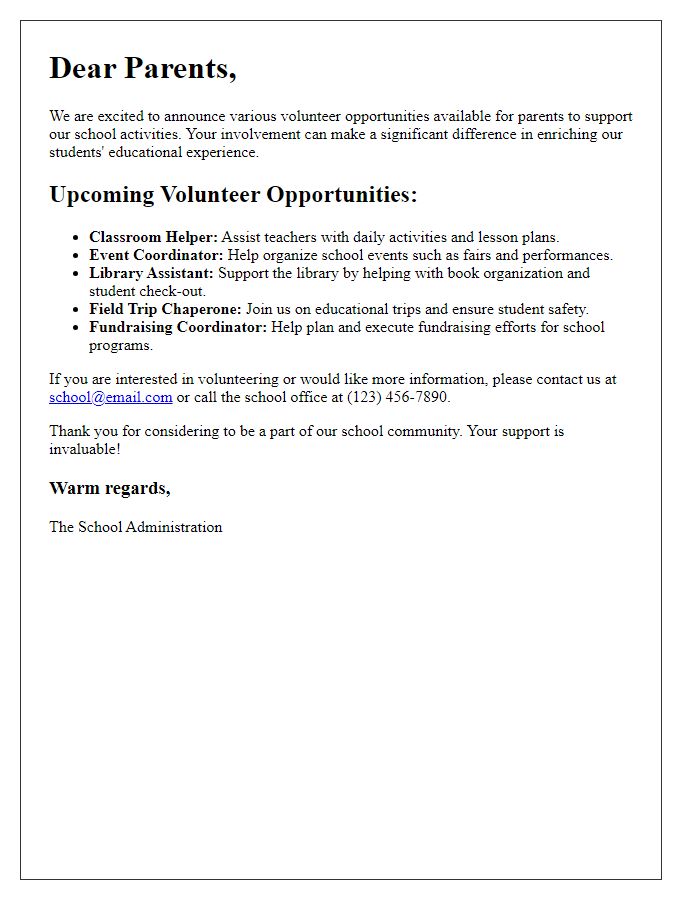 Letter template of volunteer opportunities for parents in school activities.