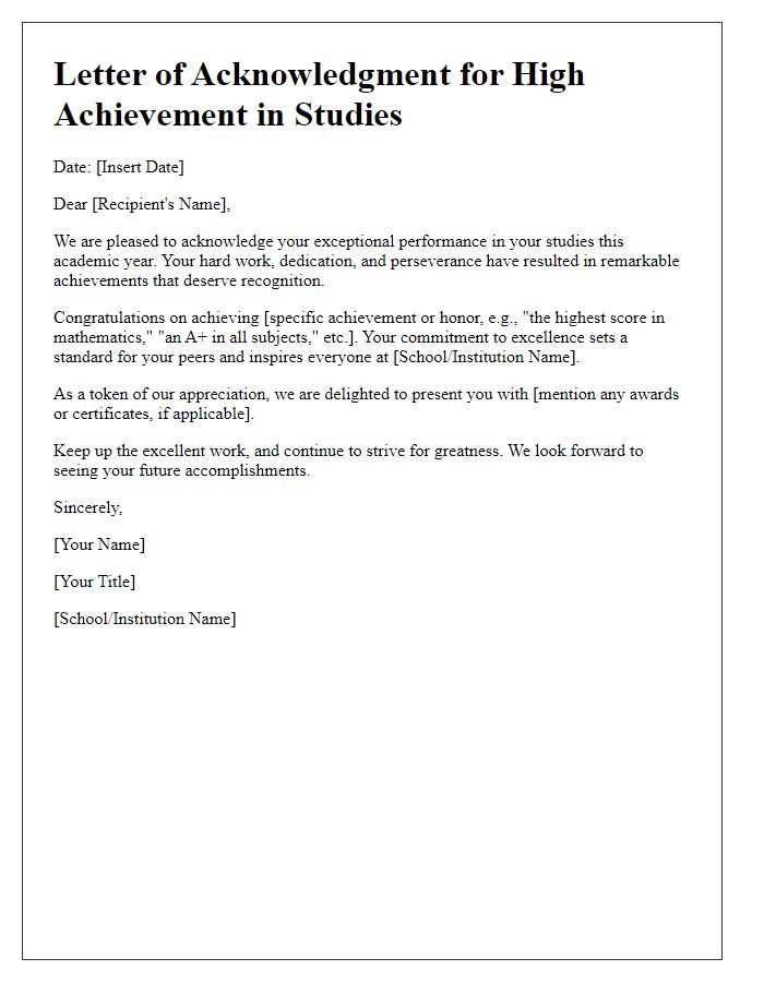 Letter template of acknowledgment for high achievement in studies