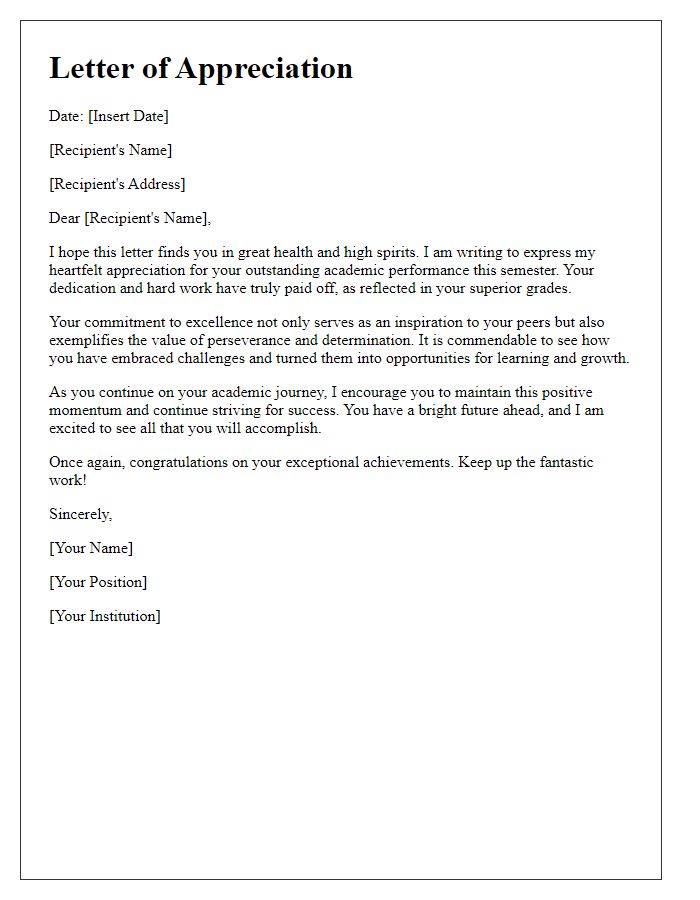 Letter template of appreciation for superior grades