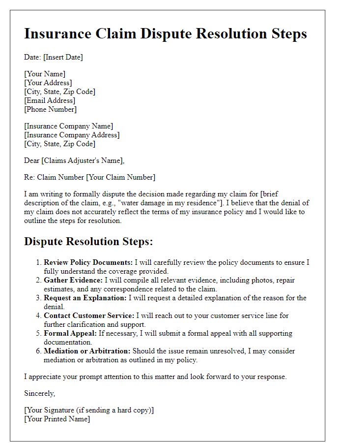 Letter template of insurance claim dispute resolution steps