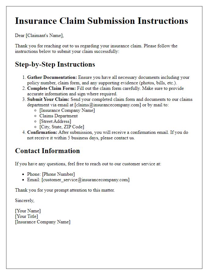 Letter template of insurance claim submission instructions