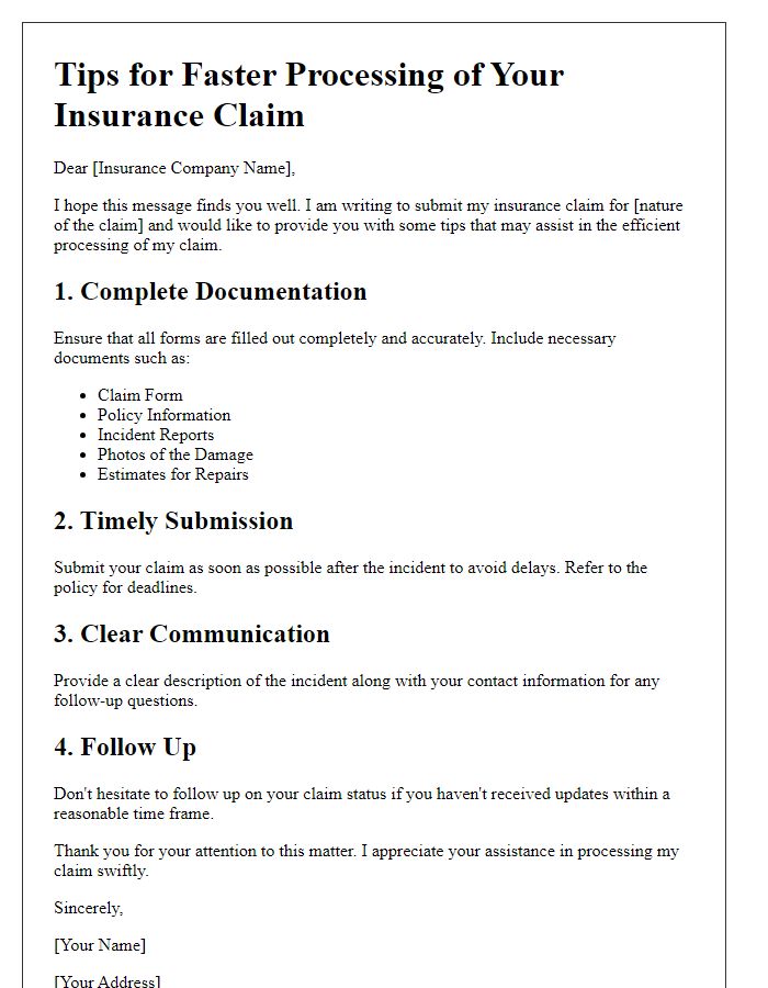 Letter template of insurance claim tips for faster processing