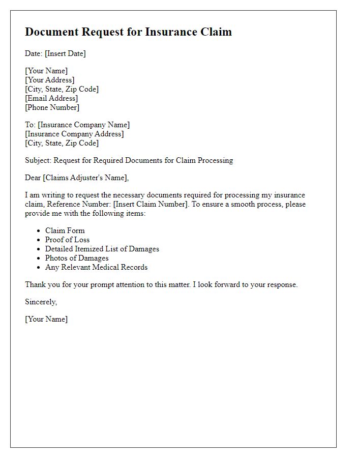 Letter template of required documents for insurance claims