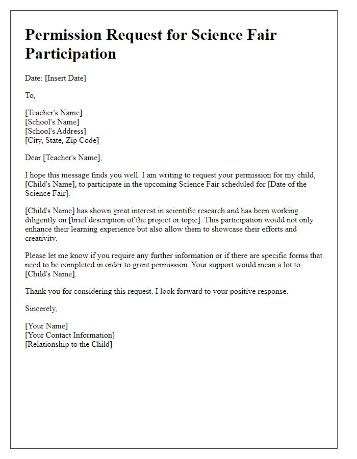 Letter template of permission request for science fair participation.