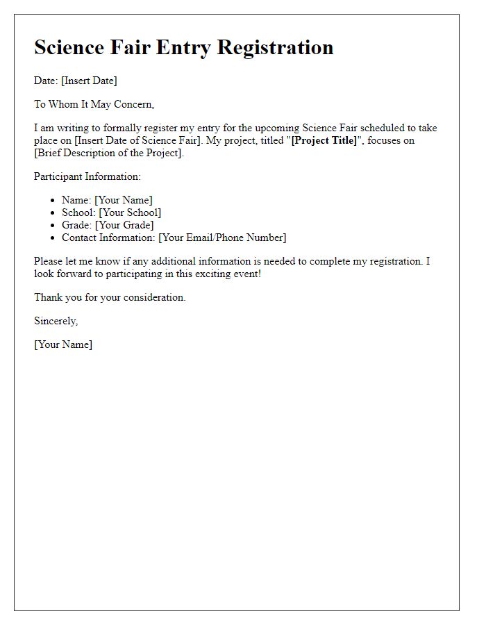 Letter template of registration for science fair entry.