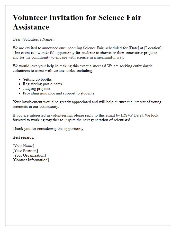 Letter template of volunteer invitation for science fair assistance.