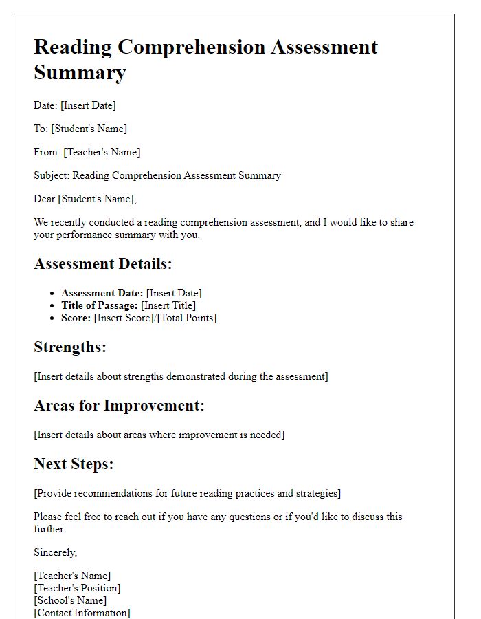 Letter template of a reading comprehension assessment summary