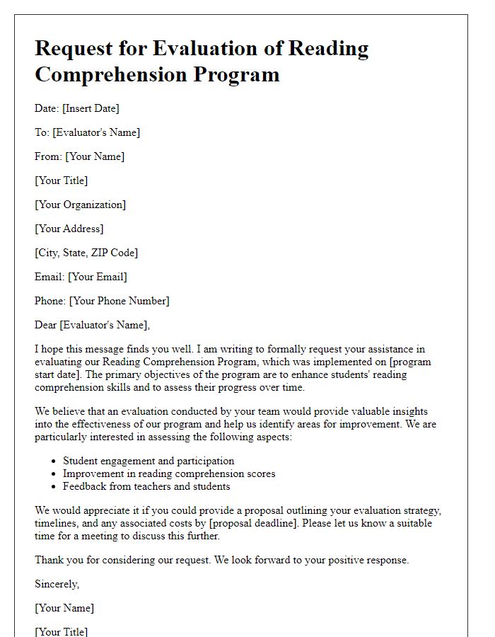 Letter template of a reading comprehension program evaluation request