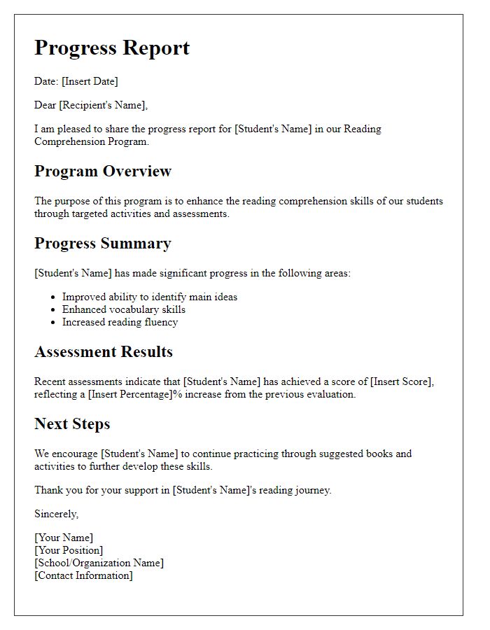 Letter template of a reading comprehension program progress report