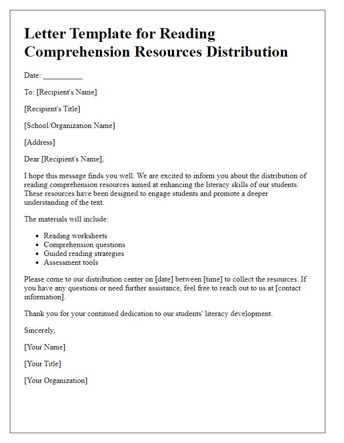 Letter template of a reading comprehension resources distribution