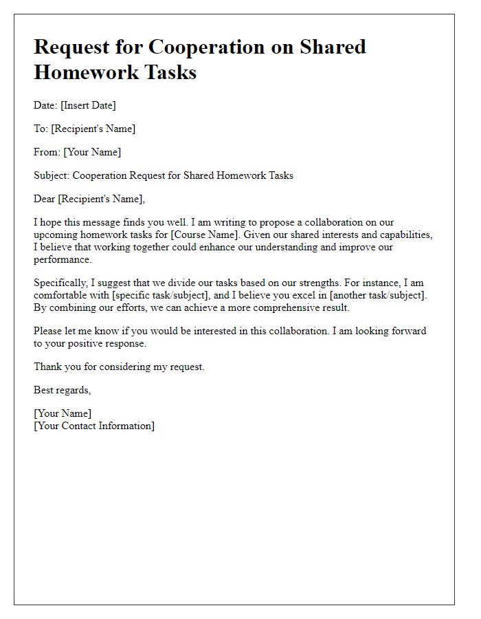 Letter template of cooperation request for shared homework tasks