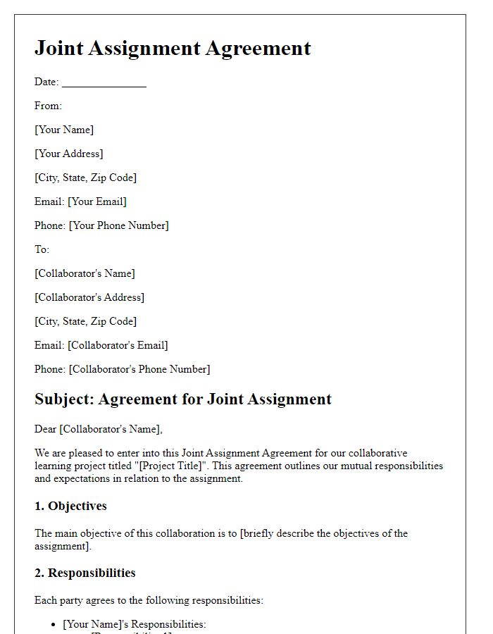 Letter template of joint assignment agreement for collaborative learning