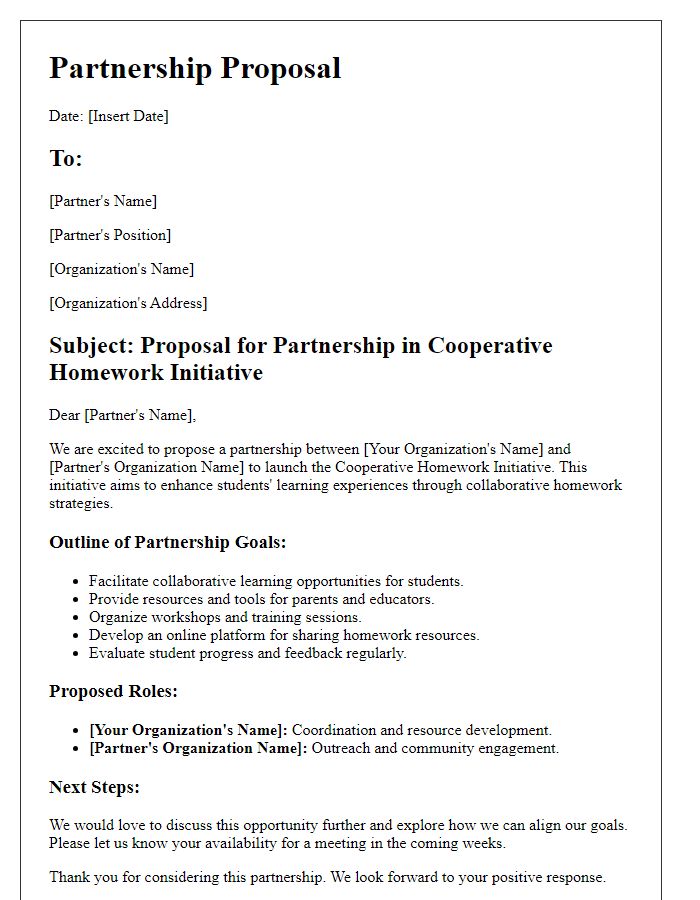 Letter template of partnership outline for cooperative homework initiative