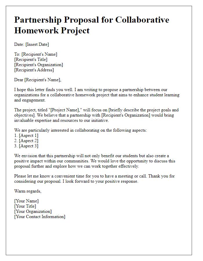 Letter template of partnership proposal for collaborative homework project