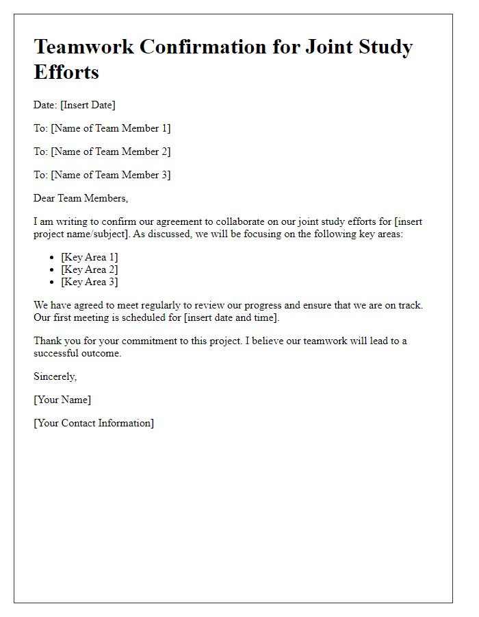 Letter template of teamwork confirmation for joint study efforts