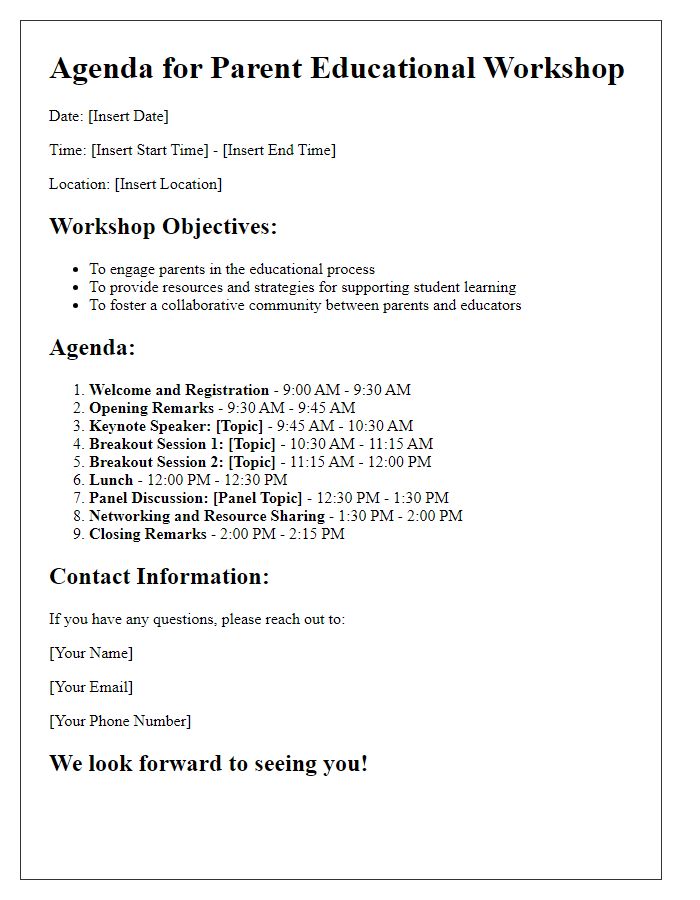 Letter template of agenda for parent educational workshop