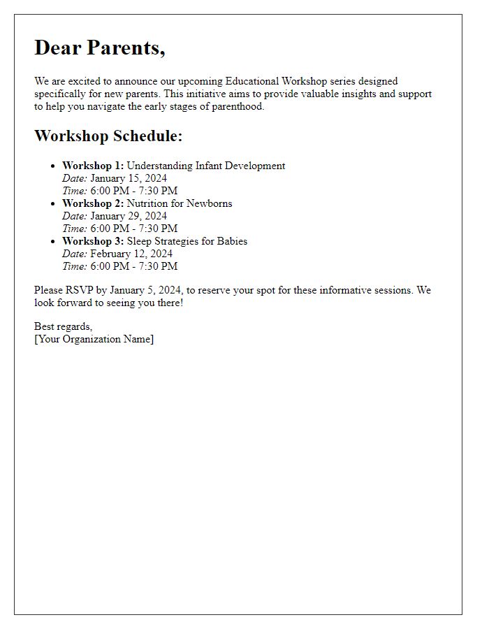 Letter template of announcement for new parent educational workshop schedule