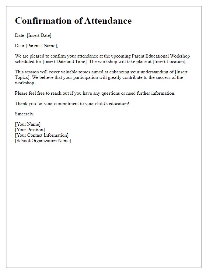 Letter template of confirmation for parent educational workshop attendance