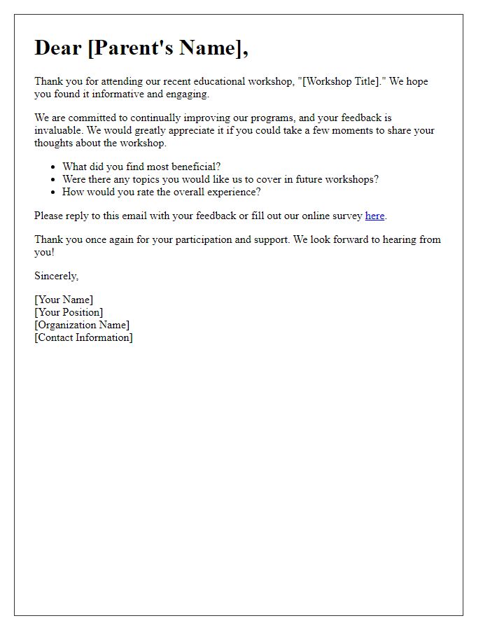 Letter template of follow-up for parent educational workshop feedback