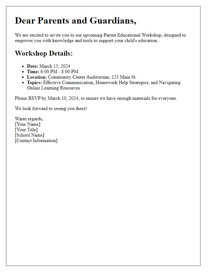 Letter template of invitation to a parent educational workshop