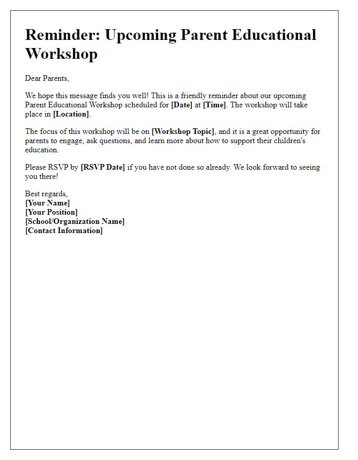 Letter template of reminder for upcoming parent educational workshop