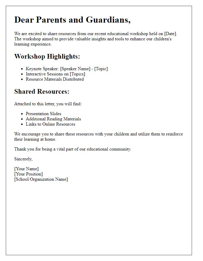 Letter template of resource sharing from parent educational workshop