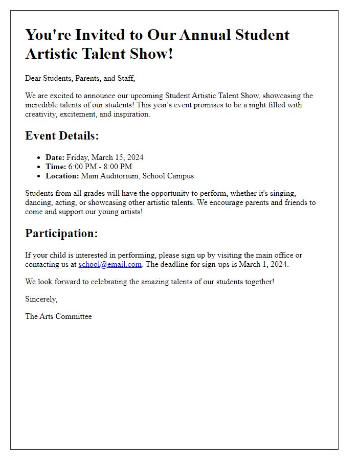 Letter template of announcement for upcoming student artistic talent show