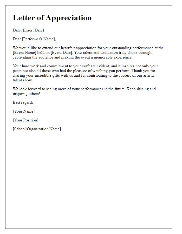 Letter template of appreciation for performers in student artistic talent show