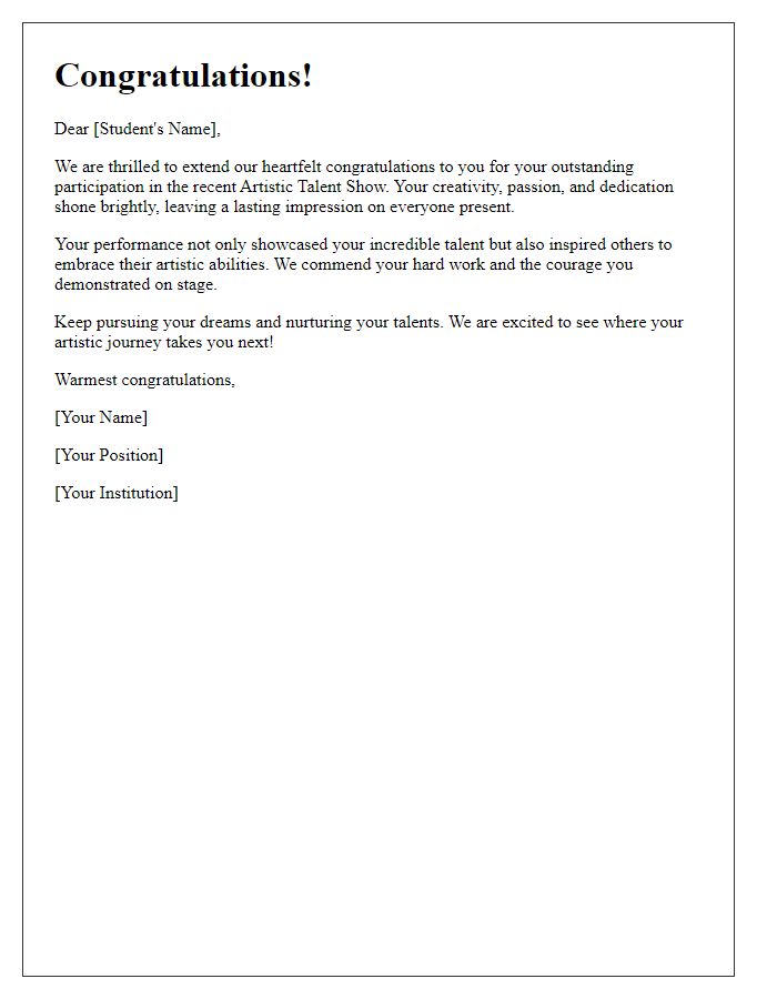 Letter template of congratulations for students participating in artistic talent show