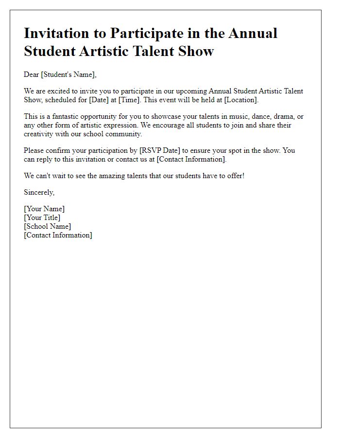 Letter template of invitation for student artistic talent show participation