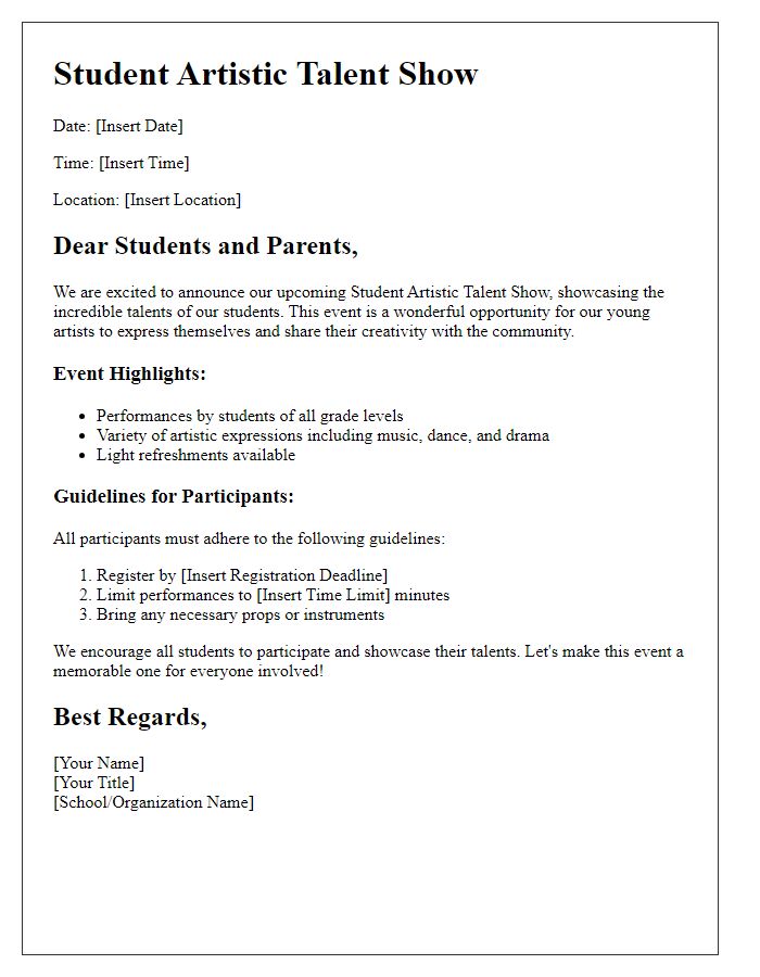 Letter template of program guide for student artistic talent show