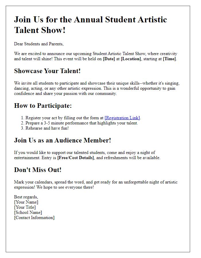 Letter template of promotional content for student artistic talent show