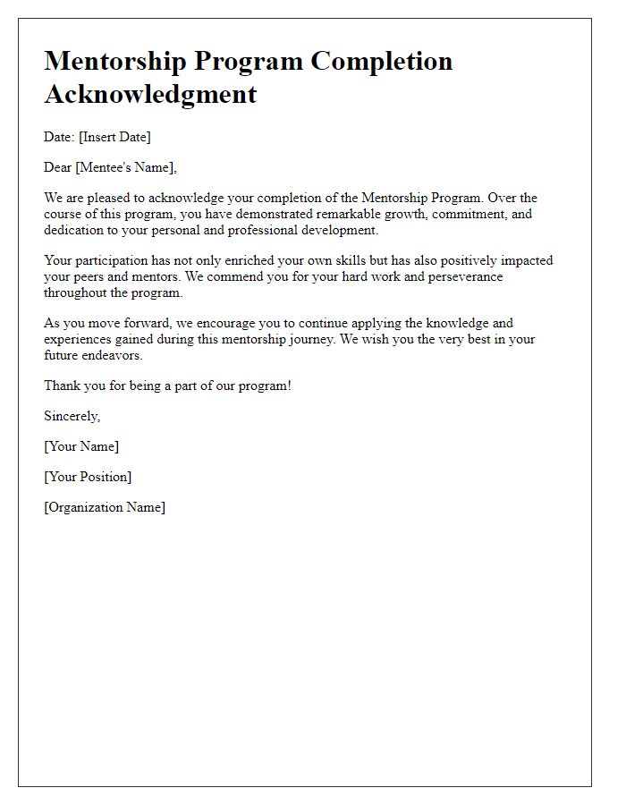 Letter template of mentorship program completion acknowledgment