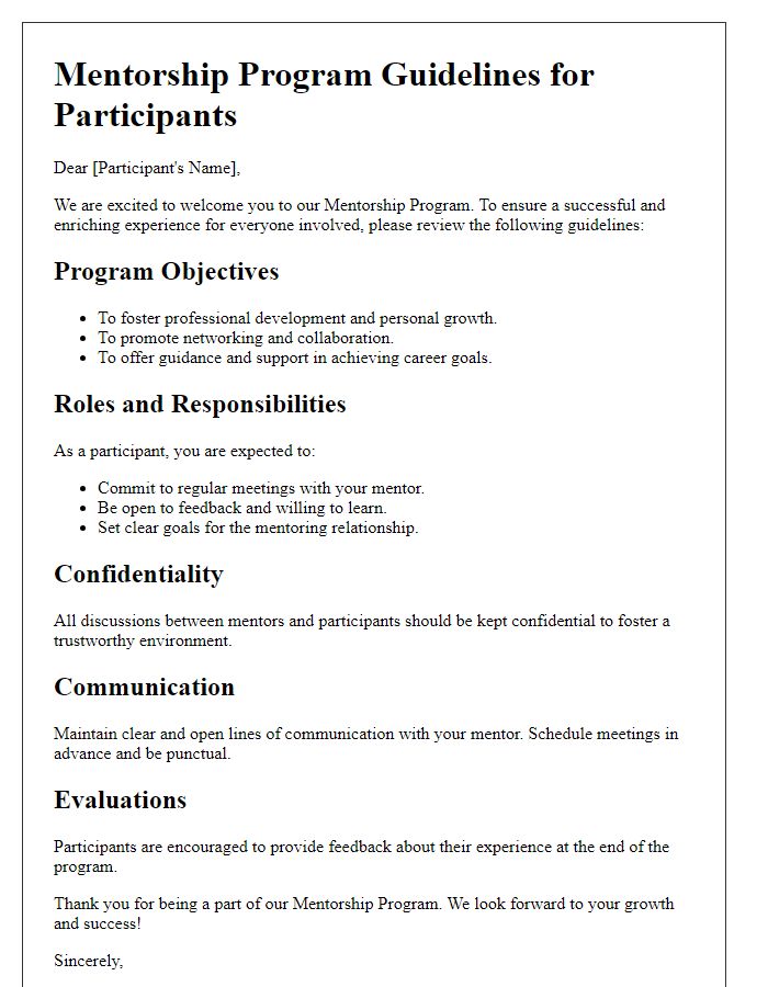 Letter template of mentorship program guidelines for participants