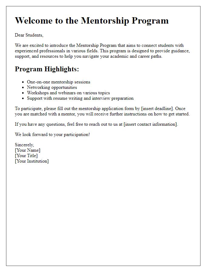 Letter template of mentorship program introduction for students