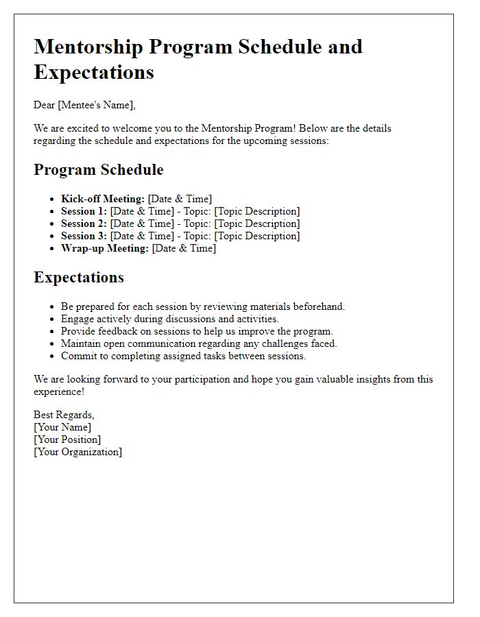 Letter template of mentorship program schedule and expectations