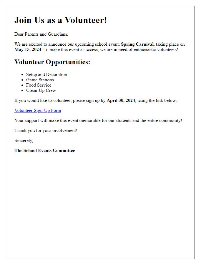 Letter template of announcement for school event volunteer sign-up.