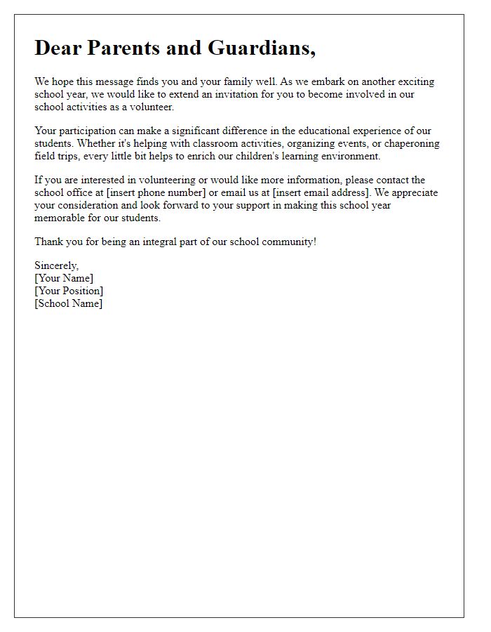 Letter template of appeal for parent volunteers in school activities.