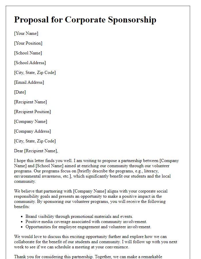 Letter template of proposal for corporate sponsorship of school volunteer programs.