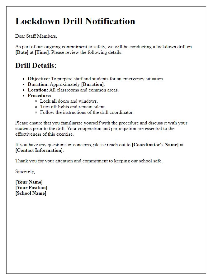 Letter template of lockdown drill details for staff members.