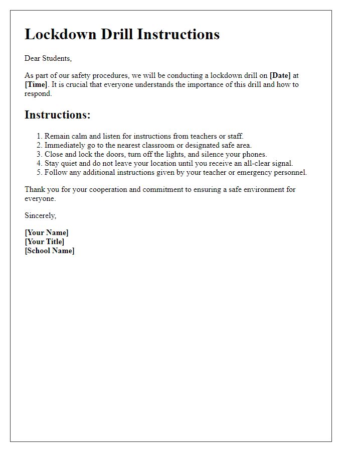 Letter template of lockdown drill instructions for students.