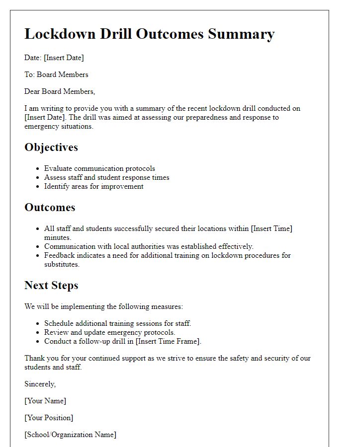 Letter template of lockdown drill outcomes summary for board members.