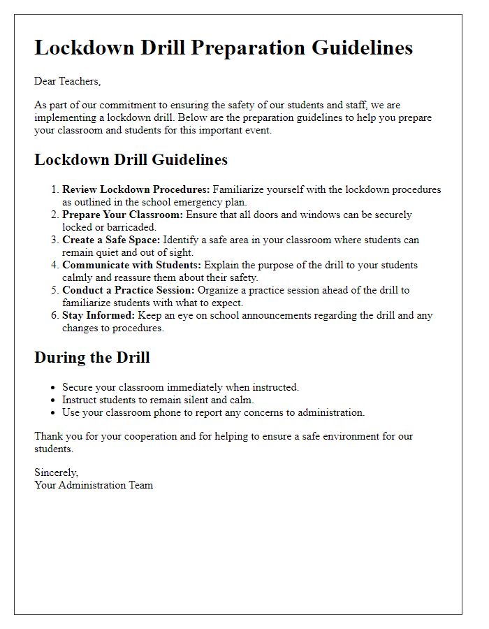 Letter template of lockdown drill preparation guidelines for teachers.