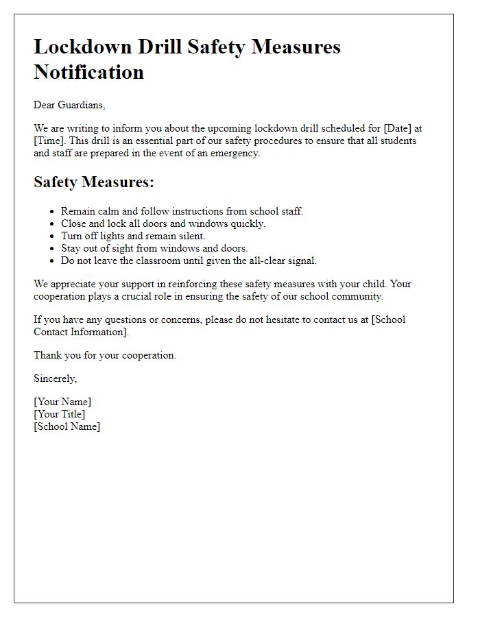 Letter template of lockdown drill safety measures for guardians.