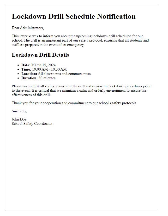 Letter template of lockdown drill schedule for school administrators.