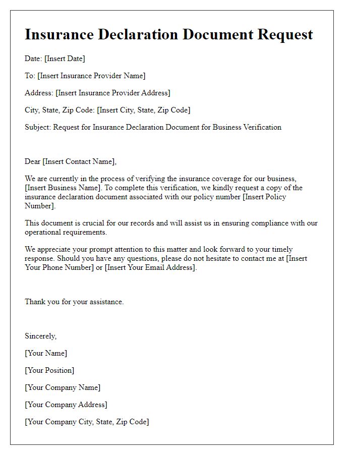 Letter template of insurance declaration document request for business verification.