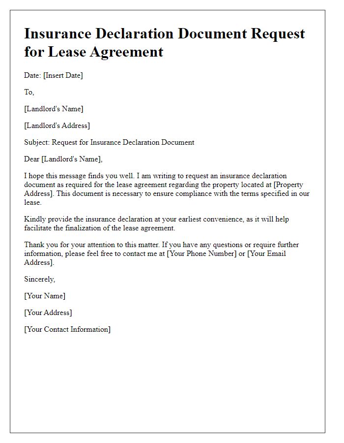 Letter template of insurance declaration document request for lease agreement.