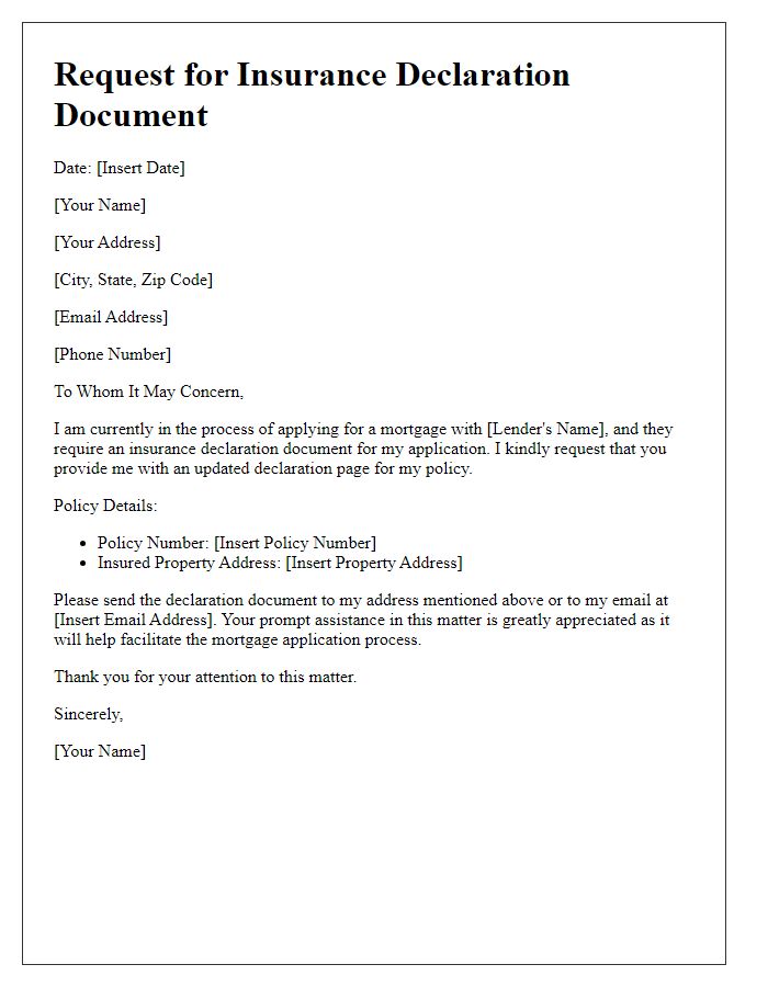 Letter template of insurance declaration document request for mortgage application.