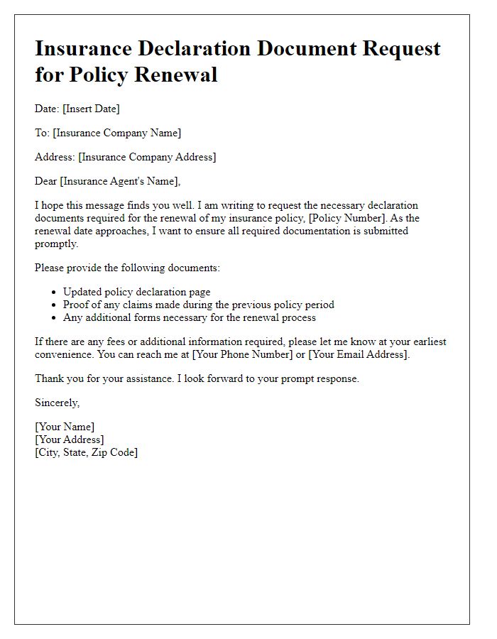 Letter template of insurance declaration document request for policy renewal.